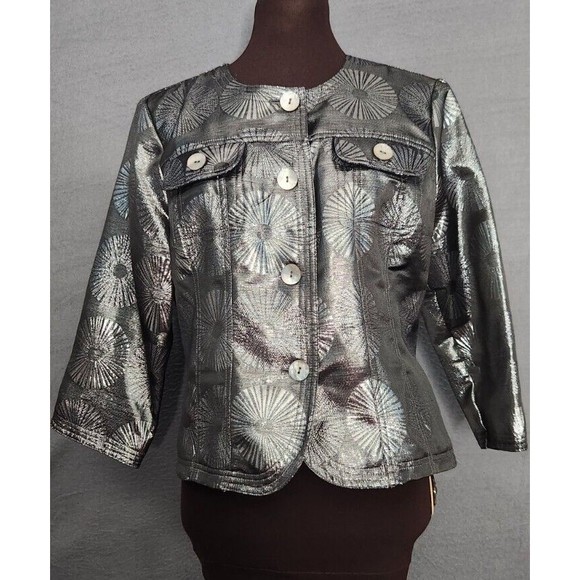 Ruby Rd Road Woman Shiny Silver Gray‎ Lightweight Cropped Jacket Pockets Sz 6 - Picture 1 of 11
